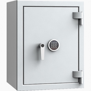 Sejf Save4ever model 419102.02. Klasa antywłamaniowa III, klasa odporności ogniowej LFS 30. Jasny szary, zamykany zamkiem elektronicznym.